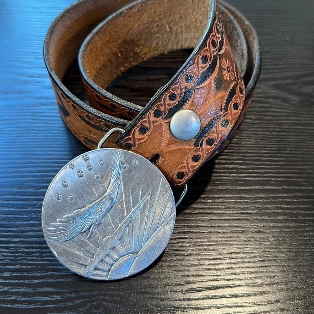 Bergamot Brass Works Vintage Tooled Leather Belt with Soaring Eagle Brass Buckle